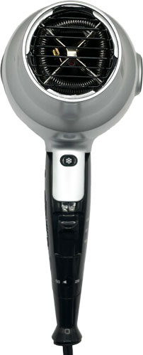 Voyager Hairdryer with retractable cord in black and sliver front