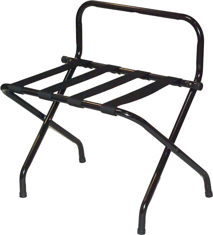 high back black metal luggage rack with black straps