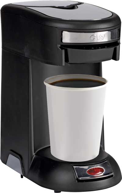 cv1 single serve coffee maker, black and chrome with coffee