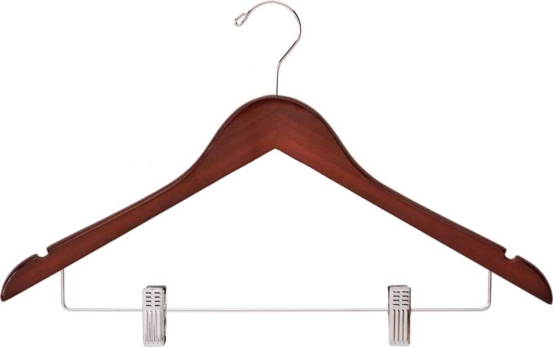 Women’s Contoured Dark Wood Hanger with Chrome Clips & Hook