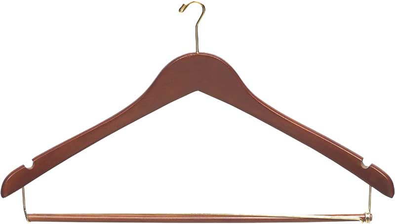 Men’s Contoured Walnut Wood Hanger with Locking Pant Bar, Brass Hardware and Anti-Theft Mini Hook