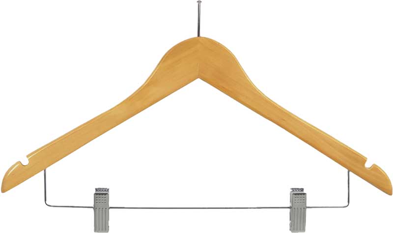 Women’s Flat Natural Wood Hanger with Pant Bar and Chrome Anti-Theft Nail Hook