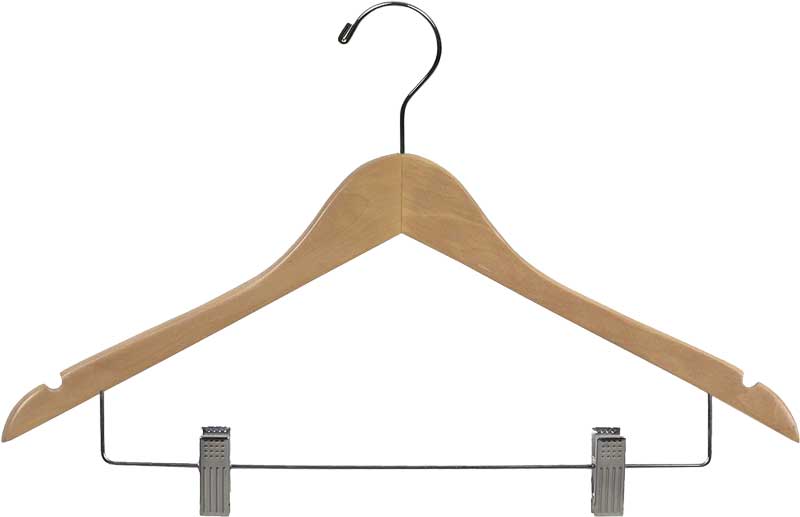 Women’s Flat Natural Wood Hanger with Chrome Clips & Hook