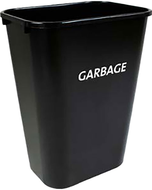 14 qt black wastebasket labeled garbage in white