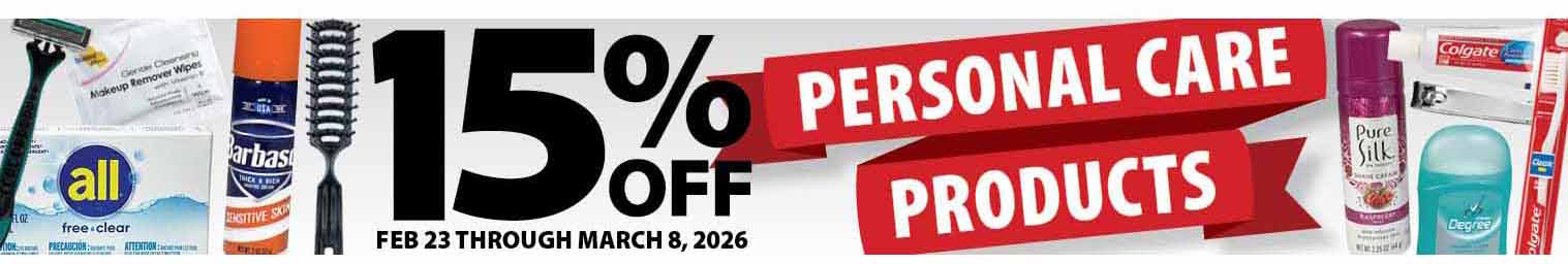 15 percent off Personal Care Products
