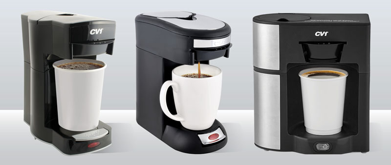 CV1 single serve coffee maker in black, black and chrome, and black a brushed metal
